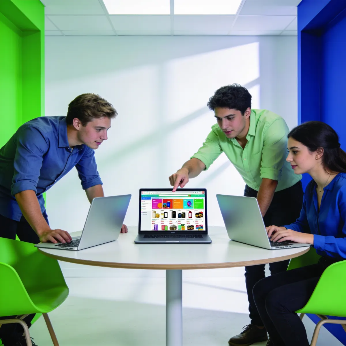 Un equipo reunido revisando el catálogo en una pantalla